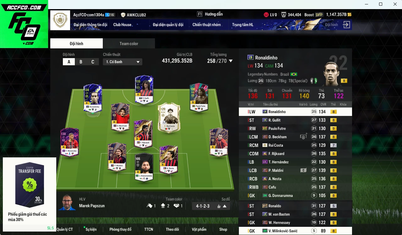[ACC Rẻ🔥] AC Milan 431.290b có Beckham CC, Maldini CC, Rijkaard HG, Gullit LN, Ronaldinho LN, Cafu CC, Van Basten LN, Ronaldo BDO, Nesta HG, Rui Costa ICON+7, Futre BTB+9... dư 1100b. HLV Xịn